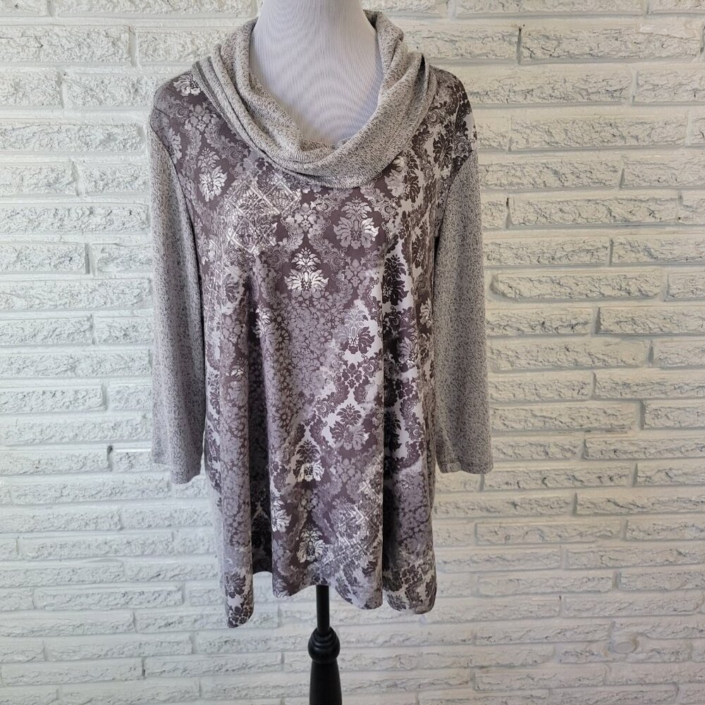 Ruby Rd Sweater 1X Plus Womens Gray White Floral Cowl Neck 3/4 Sleeve SWE13E